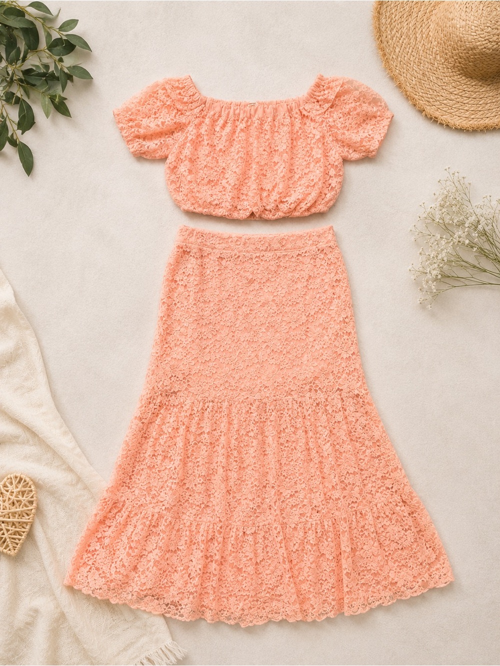 🌸 Peach Lace Cottagecore Two-Piece Set | Top M / Skirt L - Picture 2 of 4